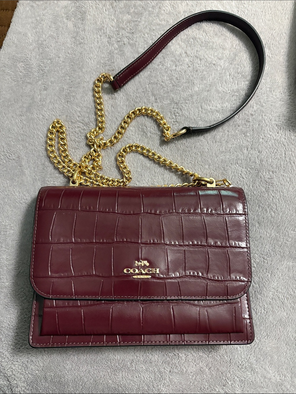 Coach Croc-Embossed Leather Crossbody Bag in Burgundy with Gold Hardware